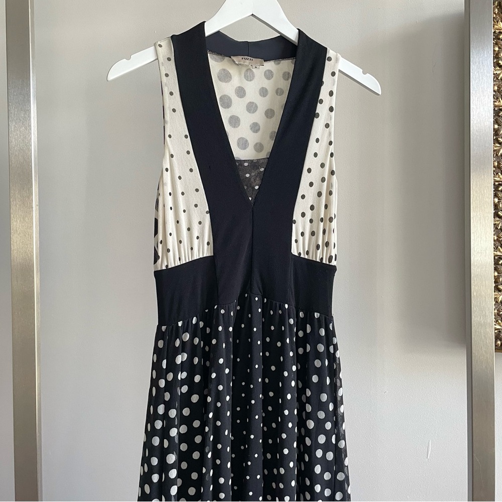 Fuzzi Italy Black & White Polka Dot Mesh Sleeveless Dress